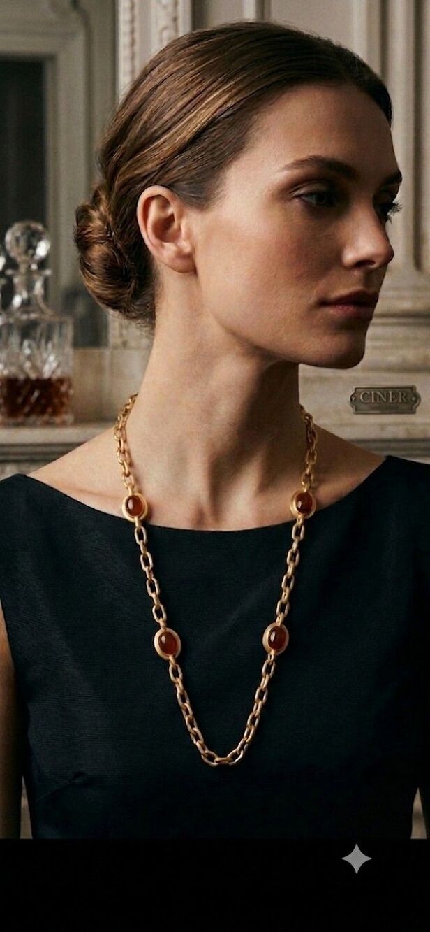 Ciner Gold-Tone Necklace with Deep Red Cabochon Accents